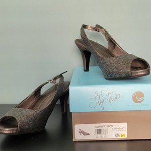 Dark Pewter Glitter Open Toe Pumps - Size 8 1/2